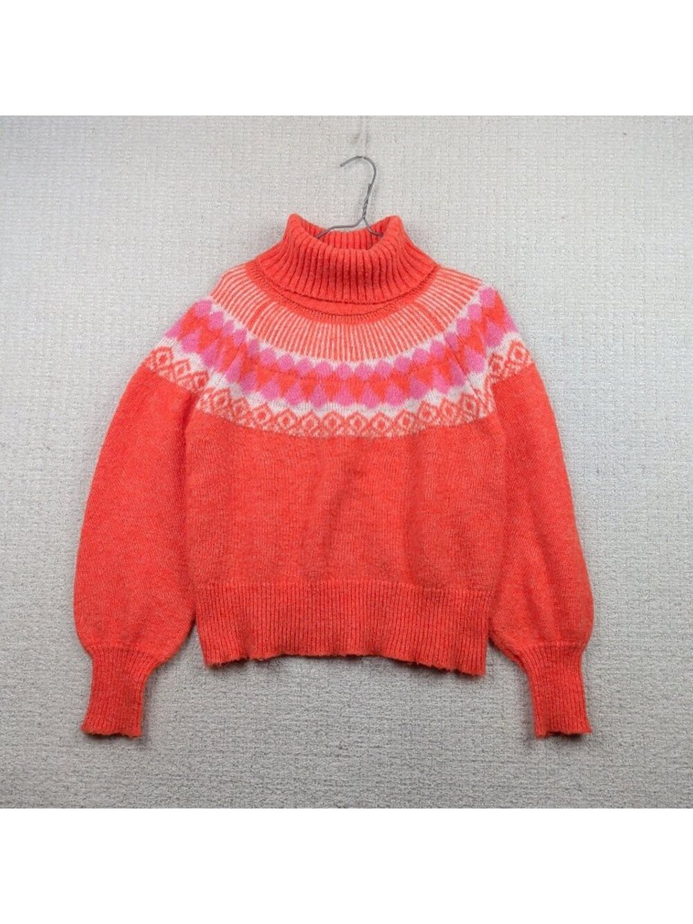 Pieces PC Mava Pink Orange Fair Isle Nordic Rollneck Sweater Wom Sz S Knit